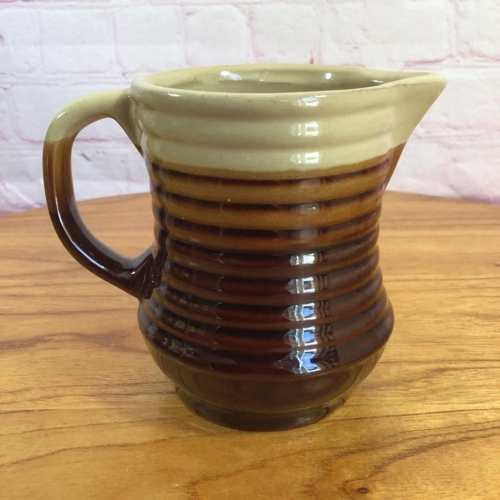Vintage Three Tone Brown Ribbed Stoneware Covered Sugar Creamer Mug Set